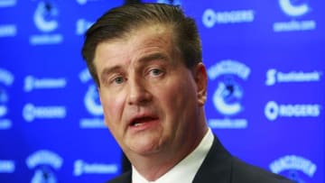 VANCOUVER, BC - MAY 23: Vancouver Canucks new General Manager talks during a press conference at Rogers Arena May 23, 2014 in Vancouver, British Columbia, Canada. (Photo by Jeff Vinnick/NHLI via Getty Images)