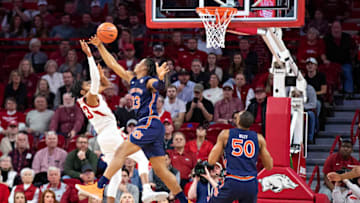 Auburn Tigers forward Isaac Okoro blocks a shot. (Photo by Wesley Hitt/Getty Images)