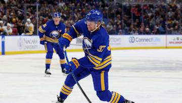 Nov 24, 2023; Buffalo, New York, USA; Buffalo Sabres center Casey Mittelstadt (37) takes a shot on goal during the second period against the Pittsburgh Penguins at KeyBank Center. Mandatory Credit: Timothy T. Ludwig-USA TODAY Sports
