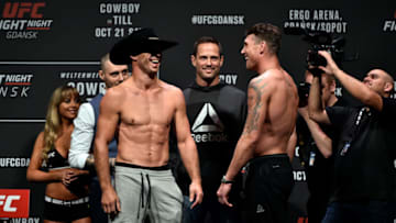 GDANSK, POLAND - OCTOBER 20: (L-R) Opponents Donald Cerrone and Darren Till of England face off during the UFC Fight Night Weigh-in inside Ergo Arena on October 20, 2017 in Gdansk, Poland. (Photo by Jeff Bottari/Zuffa LLC/Zuffa LLC via Getty Images)