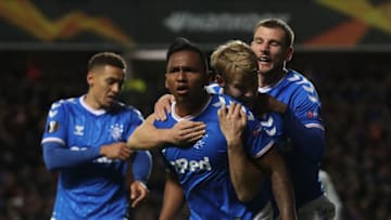GLASGOW, SCOTLAND - NOVEMBER 07: Alfredo Morelos of Rangers celebrates scoring the opening goal during the UEFA Europa League group G match between Rangers FC and FC Porto at Ibrox Stadium on November 07, 2019 in Glasgow, United Kingdom. (Photo by Ian MacNicol/Getty Images)