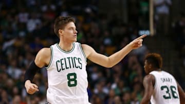 Nov 13, 2015; Boston, MA, USA; Boston Celtics forward Jonas Jerebko (8) celebrates against the Atlanta Hawks during the second half at TD Garden. Mandatory Credit: Mark L. Baer-USA TODAY Sports