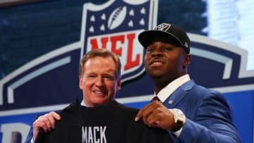 NEW YORK, NY - MAY 08: Khalil Mack of the Buffalo Bulls poses with NFL Commissioner Roger Goodell after he was picked