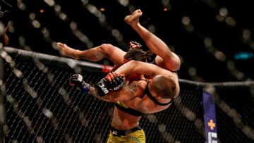 RIO DE JANEIRO, BRAZIL - MAY 11: Jessica Andrade of Brazil attempts to slam Rose Namajunas of USA in their women's strawweight championship bout during the UFC 237 event at Jeunesse Arena on May 11, 2019 in Rio de Janeiro, Brazil. (Photo by Alexandre Schneider/Getty Images)