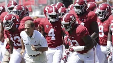 Sep 10, 2016; Tuscaloosa, AL, USA; Alabama Crimson Tide head coach Nick Saban brings his team onto the field prior to warm ups at Bryant-Denny Stadium. Mandatory Credit: Marvin Gentry-USA TODAY Sports