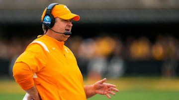 Oct 2, 2021; Columbia, Missouri, USA; Tennessee Volunteers head coach Josh Heupel reacts during the first half against the Missouri Tigers at Faurot Field at Memorial Stadium. Mandatory Credit: Jay Biggerstaff-USA TODAY Sports
