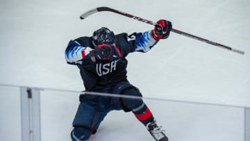 LAUSANNE, SWITZERLAND - JANUARY 21: #12 Rutger McGroarty of United States celebrates the win after Men's 6-Team Tournament Semifinals Game between United States and Canada of the Lausanne 2020 Winter Youth Olympics on January 21, 2020 in Lausanne, Switzerland. (Photo by RvS.Media/Robert Hradil/Getty Images)