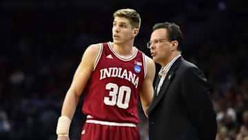 Mar 25, 2016; Philadelphia, PA, USA; Indiana Hoosiers head coach Tom Crean talks to forward Collin Hartman (30) during the second half in a semifinal game against the North Carolina Tar Heels in the East regional of the NCAA Tournament at Wells Fargo Center. Mandatory Credit: Bob Donnan-USA TODAY Sports