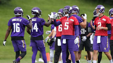 Jun 15, 2016; Minneapolis, MN, USA; Minnesota Vikings quarterback Teddy Bridgewater (5) high fives Vikings wide receiver Stefon Diggs (14) during mini camp. Mandatory Credit: Brad Rempel-USA TODAY Sports