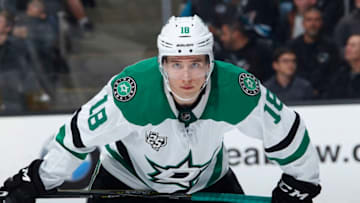 SAN JOSE, CA - FEBRUARY 18: Tyler Pitlick #18 of the Dallas Stars skates against the San Jose Sharks at SAP Center on February 18, 2018 in San Jose, California. (Photo by Rocky W. Widner/NHL/Getty Images)