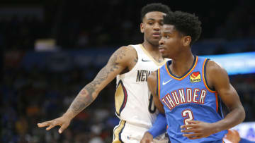 Nickeil Alexander-Walker #0 of the New Orleans Pelicans guards Shai Gilgeous-Alexander #2 of the Oklahoma City Thunder (Photo by Ron Jenkins/Getty Images)