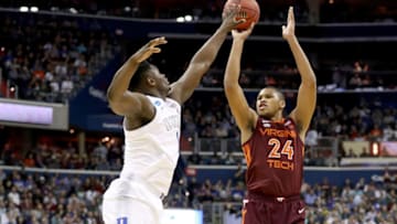 WASHINGTON, DC - MARCH 29: Kerry Blackshear Jr. #24 of the Virginia Tech Hokies shoots the ball against Zion Williamson #1 of the Duke Blue Devils during the first half in the East Regional game of the 2019 NCAA Men's Basketball Tournament at Capital One Arena on March 29, 2019 in Washington, DC. (Photo by Patrick Smith/Getty Images)