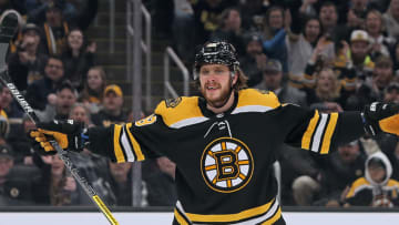 BOSTON, MA. - JANUARY 9: David Pastrnak #88 of the Boston Bruins celebrates his goal as Tucker Poolman #3 of the Winnipeg Jets goes down during the first quarter of the NHL game at the TD Garden on January 9, 2020 in Boston, Massachusetts. (Staff Photo By Matt Stone/MediaNews Group/Boston Herald)