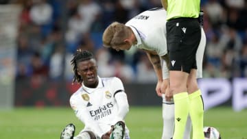 MADRID, SPAIN - MAY 13: Eduardo Camavinga of Real Madrid injured during the La Liga Santander match between Real Madrid v Getafe at the Estadio Santiago Bernabeu on May 13, 2023 in Madrid Spain (Photo by Soccrates/Getty Images)