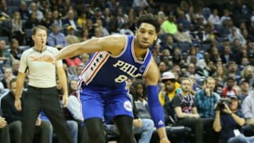 Nov 29, 2015; Memphis, TN, USA; Philadelphia 76ers center Jahlil Okafor (8) drives to the basket against the Memphis Grizzlies at FedExForum. Memphis defeated Phiadelphia 92-84. Mandatory Credit: Nelson Chenault-USA TODAY Sports