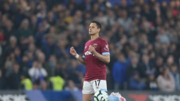 LONDON, ENGLAND - APRIL 08: West Ham United's Javier Hernandez prays before the game during the Premier League match between Chelsea FC and West Ham United at Stamford Bridge on April 8, 2019 in London, United Kingdom. (Photo by Rob Newell - CameraSport via Getty Images)