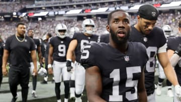 LAS VEGAS, NEVADA - AUGUST 14: Wide receiver John Brown #15 of the Las Vegas Raiders walks off the field after warmups before a preseason game against the Seattle Seahawks at Allegiant Stadium on August 14, 2021 in Las Vegas, Nevada. The Raiders defeated the Seahawks 20-7. (Photo by Ethan Miller/Getty Images)