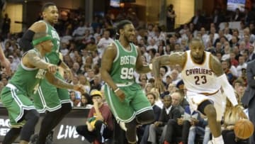 Apr 21, 2015; Cleveland, OH, USA; Cleveland Cavaliers forward LeBron James (23) drives against Boston Celtics forward Jae Crowder (99) in the second quarter in game two of the first round of the NBA Playoffs at Quicken Loans Arena. Mandatory Credit: David Richard-USA TODAY Sports