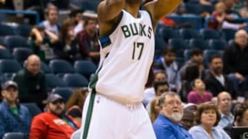 Oct 10, 2015; Milwaukee, WI, USA; Milwaukee Bucks forward Damien Inglis (17) during the game against the Detroit Pistons at BMO Harris Bradley Center. Detroit won 117-88. Mandatory Credit: Jeff Hanisch-USA TODAY Sports
