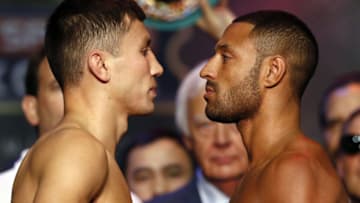 Kazakhstan's Gennady Golovkin (L) and Britain's Kell Brook face each other after the weigh-in for their middleweight fight in London, on September 9, 2016.Brook, the reigning IBF welterweight champion from Sheffield with an unblemished record, is stepping up two weight divisions and Golovkin considers him his toughest test yet. The fight takes place at London's O2 Arena on Saturday, September 10. / AFP / ADRIAN DENNIS (Photo credit should read ADRIAN DENNIS/AFP/Getty Images)