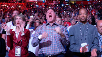LOS ANGELES CA - OCTOBER 29: Steve Ballmer (C), owner of the Los Angeles Clippers, cheers for his team with his wife Connie Ballmer (L) at his side during pre game ceremonies before the home opener against Dallas Mavericks at Staples Center October 29, 2015, in Los Angeles California. NOTE TO USER: User expressly acknowledges and agrees that, by downloading and or using this photograph, User is consenting to the terms and conditions of the Getty Images License Agreement. (Photo by Kevork Djansezian/Getty Images)