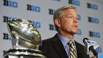Jul 30, 2015; Chicago, IL, USA; Iowa head coach Kirk Ferentz speaks during 2015 Big Ten Football Media Days at Hyatt Regency McCormick Place in Chicago. Mandatory Credit: Kamil Krzaczynski-USA TODAY Sports