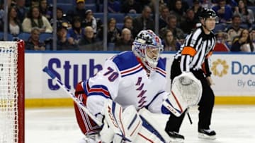 Mar 14, 2015; Buffalo, NY, USA; New York Rangers goalie Mackenzie Skapski (70) during the game against the Buffalo Sabres at First Niagara Center. Mandatory Credit: Kevin Hoffman-USA TODAY Sports