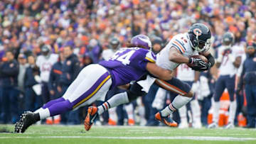Dec 20, 2015; Minneapolis, MN, USA; Chicago Bears wide receiver Eddie Royal (19) runs after the catch in the fourth quarter against the Minnesota Vikings linebacker Eric Kendricks (54) at TCF Bank Stadium. The Minnesota Vikings beat the Chicago Bears 38-17. Mandatory Credit: Brad Rempel-USA TODAY Sports
