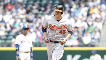 Jul 3, 2016; Seattle, WA, USA; Baltimore Orioles right fielder Mark Trumbo (45) rounds the bases after hitting a solo home run against the Seattle Mariners during the fourth inning at Safeco Field. Mandatory Credit: Jennifer Buchanan-USA TODAY Sports