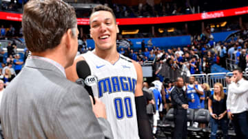 ORLANDO, FL - NOVEMBER 29: Aaron Gordon #00 of the Orlando Magic speaks to the media after the game against the Oklahoma City Thunder on November 29, 2017 at Amway Center in Orlando, Florida. NOTE TO USER: User expressly acknowledges and agrees that, by downloading and/or using this photograph, user is consenting to the terms and conditions of the Getty Images License Agreement. Mandatory Copyright Notice: Copyright 2017 NBAE (Photo by Fernando Medina/NBAE via Getty Images)