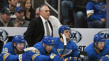 ST. LOUIS, MO - MARCH 02: Blues coach Craig Berube watches his team play in the third period during an NHL game between the Dallas Stars and the St. Louis Blues on March 02, 2019, at Energizer Center, St. Louis, MO. (Photo by Keith Gillett/Icon Sportswire via Getty Images)