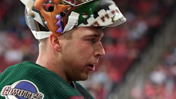 GLENDALE, ARIZONA - DECEMBER 12: Darcy Kuemper #35 of the Arizona Coyotes talks with teammates during a stop in play against the Chicago Blackhawks at Gila River Arena on December 12, 2019 in Glendale, Arizona. (Photo by Norm Hall/NHLI via Getty Images)