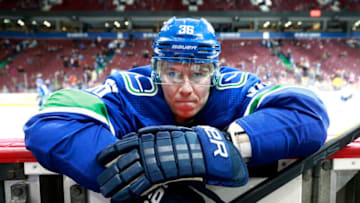 VANCOUVER, BC - MARCH 29: Jussi Jokinen #36 of the Vancouver Canucks stretches before their NHL game against the Edmonton Oilers at Rogers Arena March 29, 2018 in Vancouver, British Columbia, Canada. (Photo by Jeff Vinnick/NHLI via Getty Images)"n