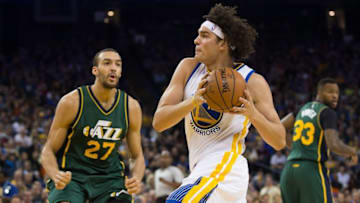 Mar 9, 2016; Oakland, CA, USA; Golden State Warriors forward Anderson Varejao (18) prepares to shoot the ball in front of against Utah Jazz center Rudy Gobert (27) during the first quarter at Oracle Arena. Mandatory Credit: Kelley L Cox-USA TODAY Sports