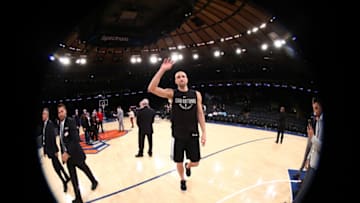 NEW YORK, NY - JANUARY 2: Manu Ginobili #20 of the San Antonio Spurs waves to fans before game against the New York Knicks on January 2, 2018 at Madison Square Garden in New York, New York. NOTE TO USER: User expressly acknowledges and agrees that, by downloading and or using this Photograph, user is consenting to the terms and conditions of the Getty Images License Agreement. Mandatory Copyright Notice: Copyright 2018 NBAE (Photo by Nathaniel S. Butler/NBAE via Getty Images)