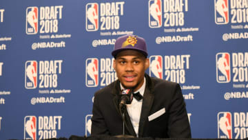 BROOKLYN, NY - JUNE 21: Elie Okobo speaks to the media after being selected by the Phoenix Suns at the 2018 NBA Draft on June 21, 2018 at the Barclays Center in Brooklyn, New York. NOTE TO USER: User expressly acknowledges and agrees that, by downloading and/or using this photograph, user is consenting to the terms and conditions of the Getty Images License Agreement. Mandatory Copyright Notice: Copyright 2018 NBAE (Photo by Kostas Lymperopoulos/NBAE via Getty Images)