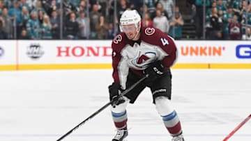 SAN JOSE, CA - MAY 08: Tyson Barrie #4 of the Colorado Avalanche skates with control of the puck against the San Jose Sharks during the third period in Game Seven of the Western Conference Second Round during the 2019 NHL Stanley Cup Playoffs at SAP Center on May 8, 2019 in San Jose, California. (Photo by Thearon W. Henderson/Getty Images)