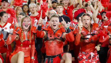 ATHENS, GA - SEPTEMBER 18: Georgia Bulldogs fans cheer on the team in the second half against the South Carolina Gamecocks at Sanford Stadium on September 18, 2021 in Athens, Georgia. (Photo by Todd Kirkland/Getty Images)