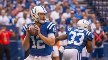 Sep 11, 2016; Indianapolis, IN, USA; Indianapolis Colts quarterback Andrew Luck (12) passes the ball in the first quarter of the game against the Detroit Lions at Lucas Oil Stadium. Mandatory Credit: Trevor Ruszkowski-USA TODAY Sports