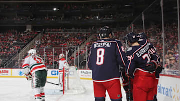 NEWARK, NEW JERSEY - DECEMBER 23: Oliver Bjorkstrand #28 of the Columbus Blue Jackets celebrates his goal against the New Jersey Devils at 5:31 of the first period at the Prudential Center on December 23, 2018 in Newark, New Jersey. (Photo by Bruce Bennett/Getty Images)