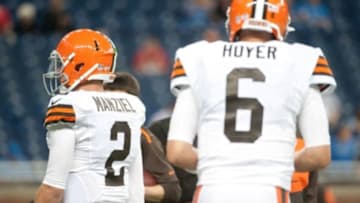 Aug 9, 2014; Detroit, MI, USA; Cleveland Browns quarterback Johnny Manziel (2) and quarterback Brian Hoyer (6) before the game against the Detroit Lions at Ford Field. Mandatory Credit: Tim Fuller-USA TODAY Sports