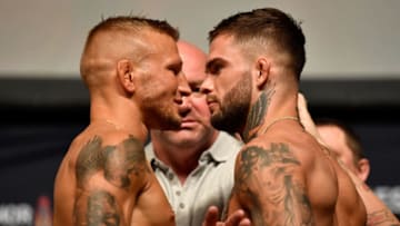 LOS ANGELES, CA - AUGUST 03: (L-R) Opponents TJ Dillashaw and Cody Garbrandt face off during the UFC 227 weigh-in inside the Orpheum Theater on August 3, 2018 in Los Angeles, California. (Photo by Jeff Bottari/Zuffa LLC/Zuffa LLC via Getty Images)
