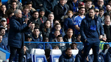 Tottenham Hotspur's Portuguese head coach Jose Mourinho (L) gestures as Chelsea's English head coach Frank Lampard looks on during the English Premier League football match between Chelsea and Tottenham Hotspur at Stamford Bridge in London on February 22 2020. (Photo by Ian KINGTON / AFP) / RESTRICTED TO EDITORIAL USE. No use with unauthorized audio, video, data, fixture lists, club/league logos or 'live' services. Online in-match use limited to 120 images. An additional 40 images may be used in extra time. No video emulation. Social media in-match use limited to 120 images. An additional 40 images may be used in extra time. No use in betting publications, games or single club/league/player publications. / (Photo by IAN KINGTON/AFP via Getty Images)