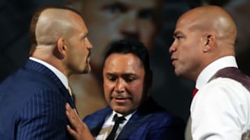 LAS VEGAS, NV - SEPTEMBER 14: Boxers Chuck Liddell and Tito Ortiz go face to face during undercard press conference at the KA Theatre at MGM Grand Hotel & Casino on September 14, 2018 in Las Vegas, Nevada. (Photo by Omar Vega/Getty Images)