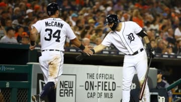 DETROIT, MI - AUGUST 13: James McCann #34 of the Detroit Tigers celebrates scoring a fifth inning run with Nicholas Castellanos #9 while playing the Chicago White Sox at Comerica Park on August 13, 2018 in Detroit, Michigan. (Photo by Gregory Shamus/Getty Images)