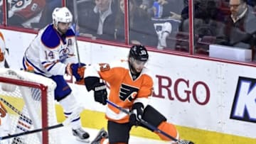 Mar 3, 2016; Philadelphia, PA, USA; Philadelphia Flyers defenseman Shayne Gostisbehere (53) tries to make a play against Edmonton Oilers right wing Jordan Eberle (14) during the third period at Wells Fargo Center. The Oilers defeated the Flyers, 4-0. Mandatory Credit: Eric Hartline-USA TODAY Sports
