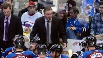 Feb 17, 2016; Denver, CO, USA; Colorado Avalanche head coach Patrick Roy yells at his players during a timeout in the first period against the Montreal Canadiens at Pepsi Center. Mandatory Credit: Ron Chenoy-USA TODAY Sports