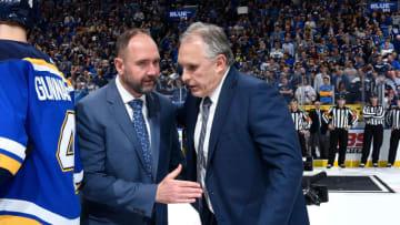 ST. LOUIS, MO - MAY 21: San Jose Sharks head coach Peter DeBoer congratulates St. Louis Blues head coach Craig Berube after the Blues defeated the Sharks four games to two after Game Six of the Western Conference Final during the 2019 NHL Stanley Cup Playoffs at Enterprise Center on May 21, 2019 in St. Louis, Missouri. (Photo by Scott Rovak/NHLI via Getty Images)