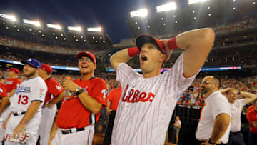 WASHINGTON, D.C. - JULY 16: Rhys Hoskins #17 of the Philadelphia Phillies reacts to the High School Home Run Derby during the T-Mobile Home Run Derby at Nationals Park on Monday, July 16, 2018 in Washington, D.C. (Photo by Alex Trautwig/MLB Photos via Getty Images)