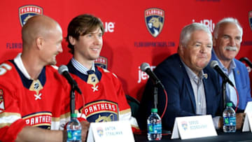 Newly signed Florida Panthers Anton Stralman and goalie Sergei Bobrovsky attend a press conference with Panthers president Dale Tallon and coach Joel Quenneville at the BB&T Center Tuesday, July, 2, 2019 in Sunrise, Fla. (Charles Trainor/Miami Herald/TNS via Getty Images)